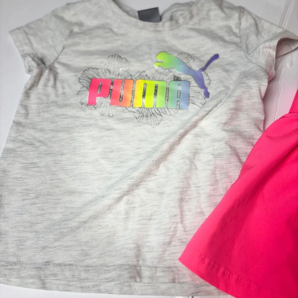 Puma Girls 2 Piece Activewear Set Grey Rainbow Logo Shirt Pink Skort Size 6 - Picture 3 of 7